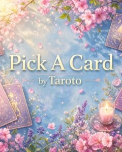 Cover image for 'Pick A Card by Taroto' featuring tarot cards, pink blossoms, and a lit candle on a blue background.