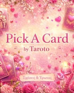 Pink romantic backdrop for a tarot read: 'Pick A Card by Taroto' with hearts, flowers, and scattered cards